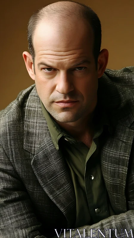 Intense bald man in tweed blazer stares with quiet resolve