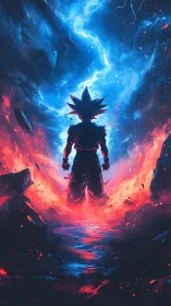 Stormforged warrior rising between fire tides and blue fury.