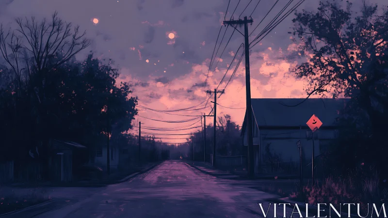 Twilight suburb street draped in dreamy violet quiet.