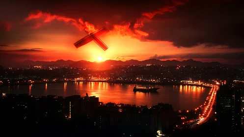 Urban bay skyline under saturated red sunset with suspended cross