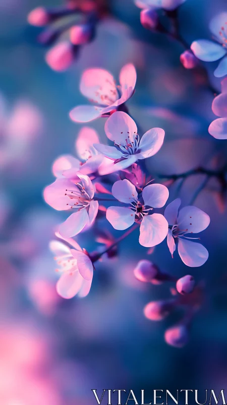Luminous Cherry Blossoms Drift Through Dreamlike Twilight Haze