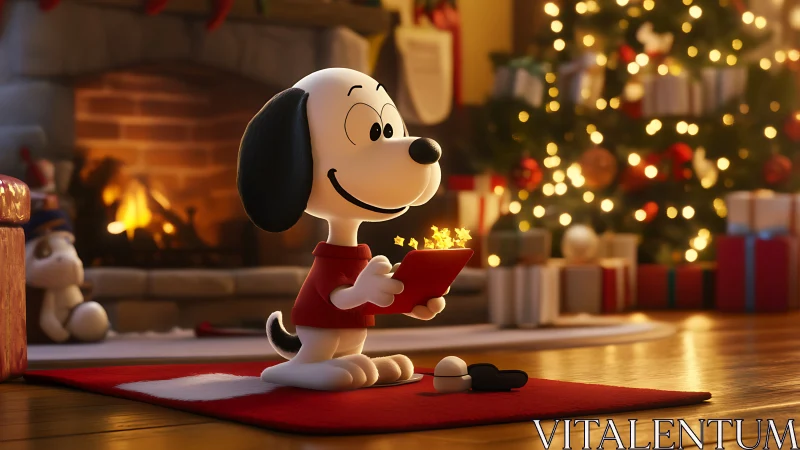 Cozy cartoon dog reading tablet by glowing Christmas tree.
