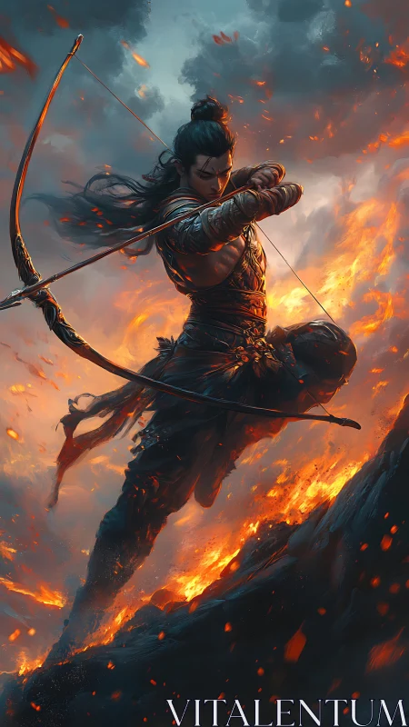 Armored archer draws bow amid volcanic firestorm and turbulent sky