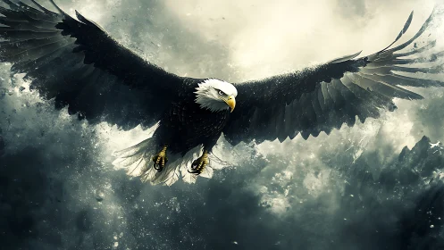 Majestic Bald Eagle Soaring Over Stormy Mountains in Dramatic Art.