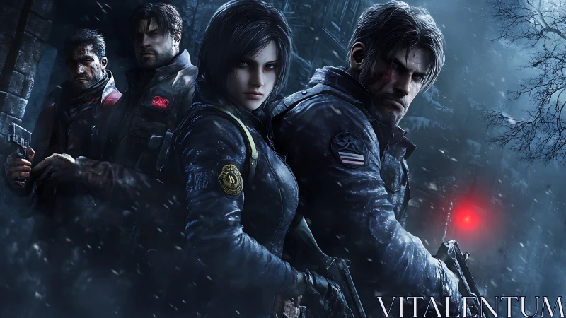 Armed squad in snowstorm rendered as high-contrast digital art