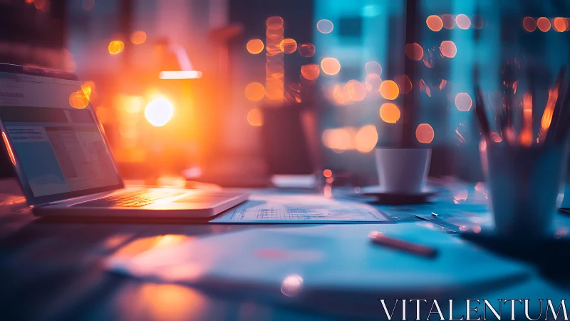 Laptop on modern desk in warm orange evening light.