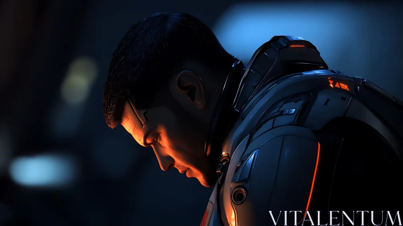 Futuristic soldier in profile under orange and blue light.