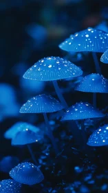 Moonlit blue mushrooms shimmer softly with dewy magic