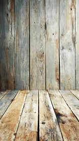 Weathered wooden floor and wall form rustic vertical interior plane