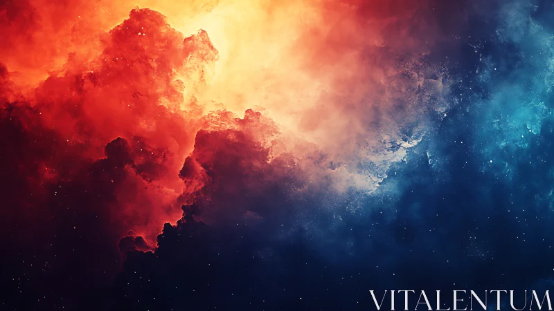 Bicolor cosmic nebula cloudscape in vivid red and cyan gradient.