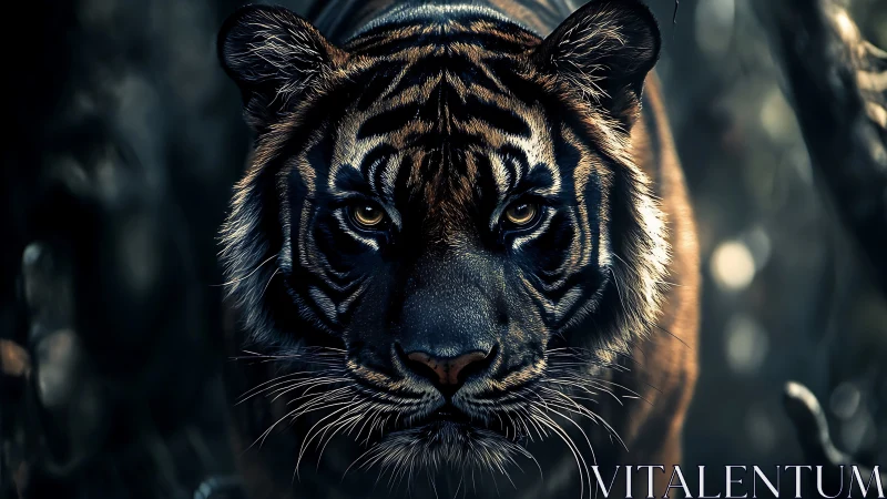 Tiger stalks through shadowed jungle with piercing gaze.