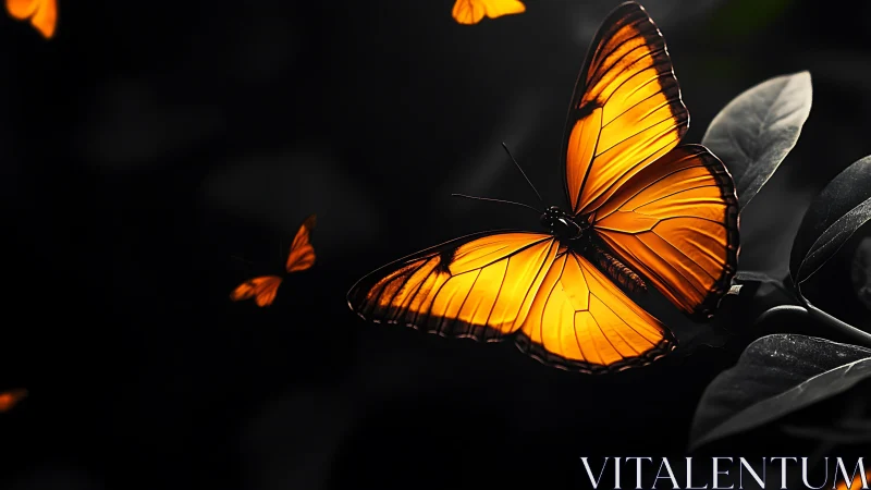 Orange butterfly glows against dark foliage background