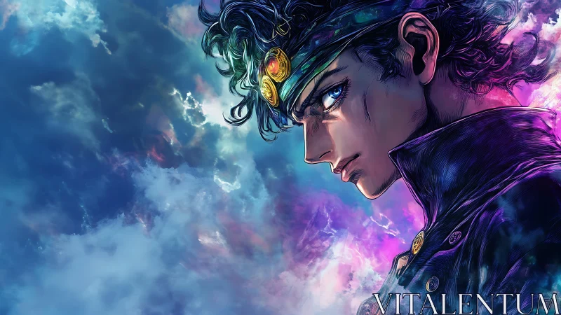 Starlit rebel gazes through storm-lit cosmic clouds.