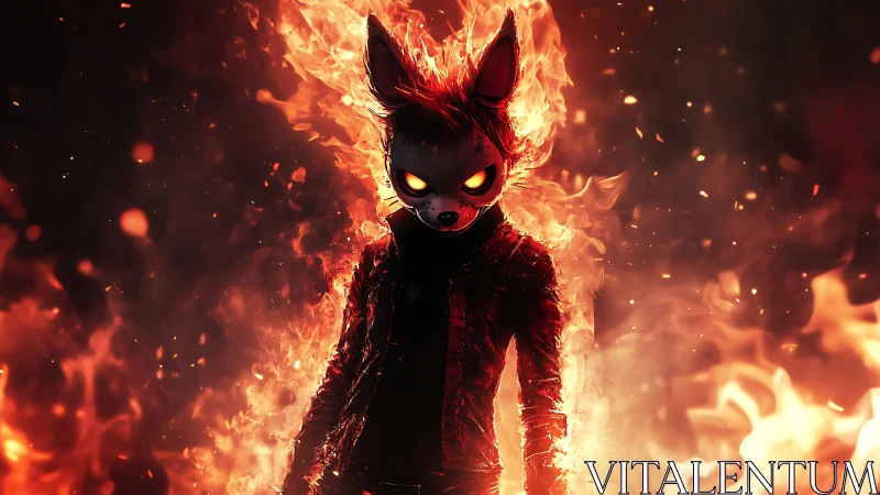 Anthropomorphic fox-masked figure emerges from infernal flames