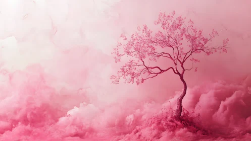 Solitary pink tree rising over soft cloudlike ground.