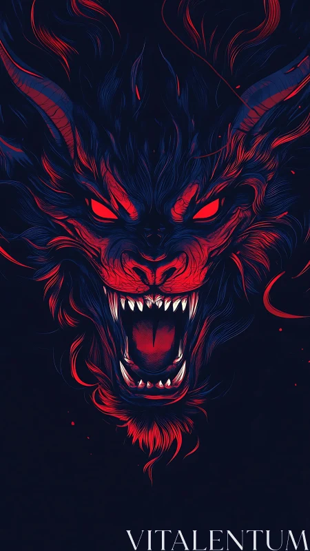 Neon inferno beast roaring from the void in electric reds.