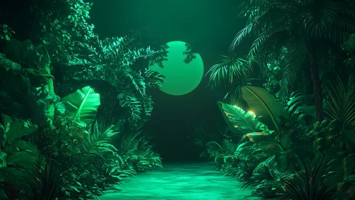 Neon Jungle Pathway Under Luminous Moon.