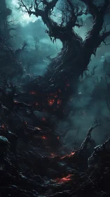 Bioluminescent hellscape forest with twisted scorched trees