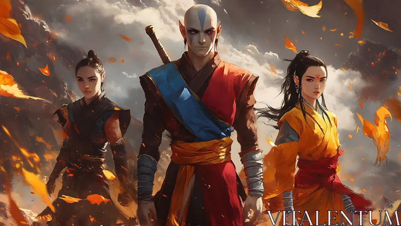 Three robed warriors stand amid swirling leaves and clouds