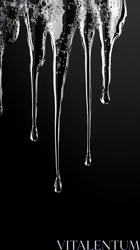 Chrome liquid drips descend over deep black gradient background.