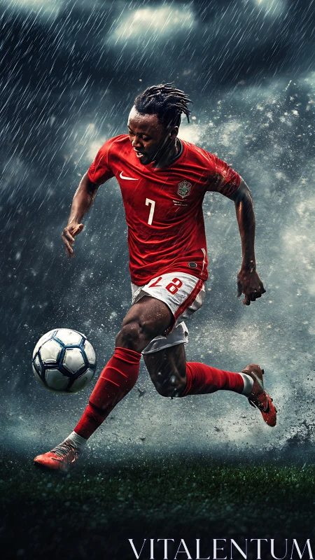 Dynamic football striker charges forward under heavy rain.