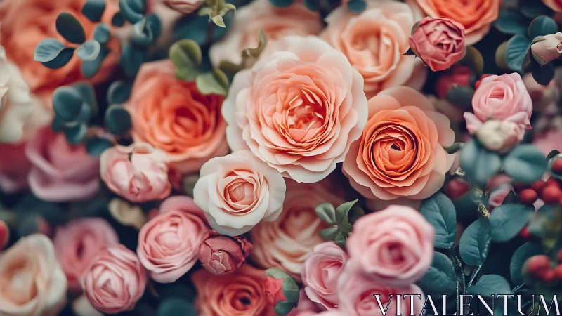 Blooming garden display: Peach and pink roses with eucalyptus