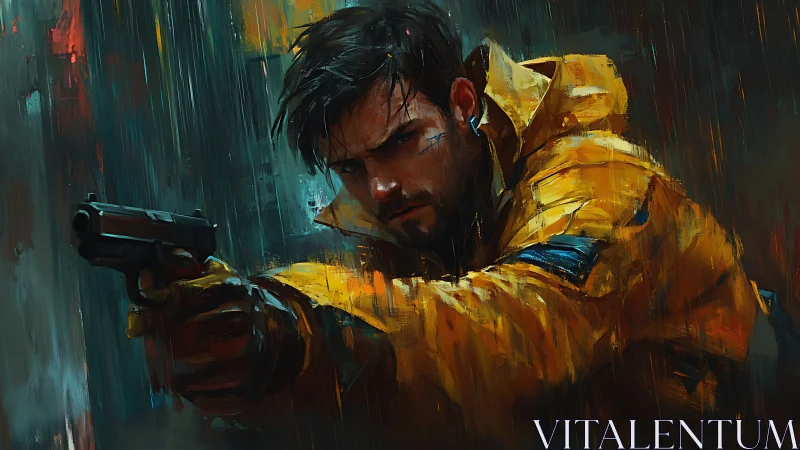 Cyberpunk gunman in yellow tactical raincoat under heavy rain
