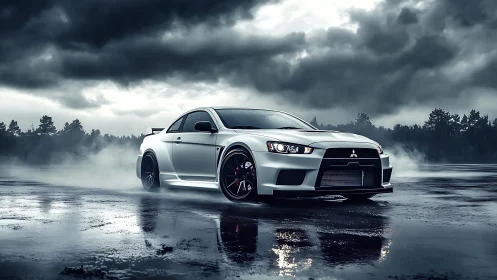 Lowered sport sedan drifts on wet asphalt under storm clouds