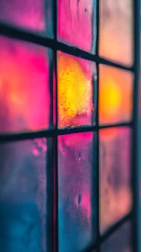 Stained glass grid with neon sunset bokeh reflections.