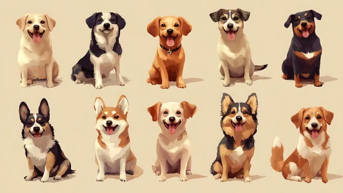 Grid of stylized seated dogs rendered with soft vector shading
