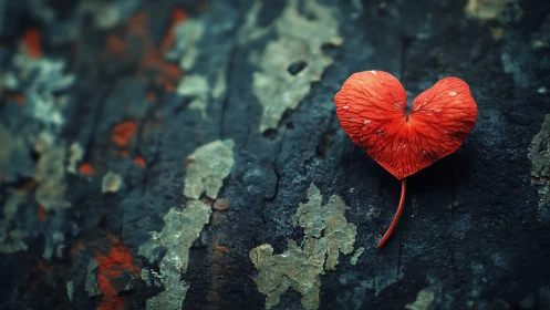 Heart-Shaped Leaf Resting on Textured Moss-Covered Stone.