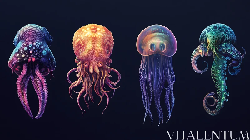 Bioluminescent cephalopod lineup glows in neon hues.