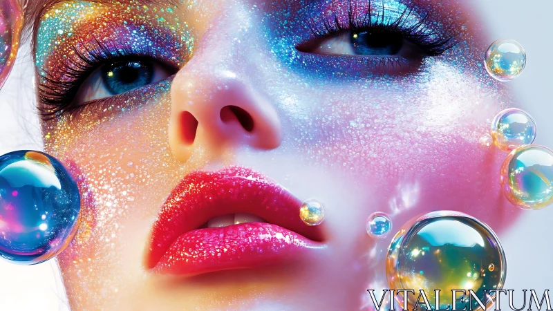 Iridescent close-up portrait unites glitter makeup and bubbles