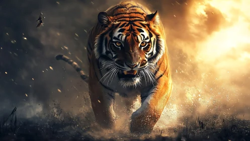 Sunfire tiger storms through embers and swirling dusk haze.