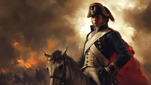 Napoleonic cavalry officer commands battlefield on horseback