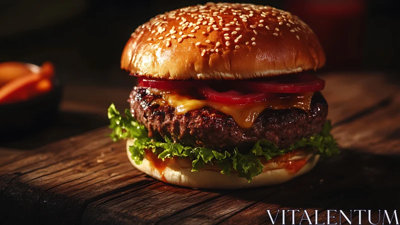 Gourmet cheeseburger on rustic wood, shallow depth of field