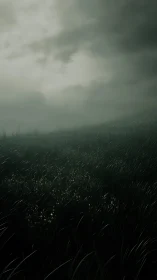 Stormlit grass field under brooding overcast sky.