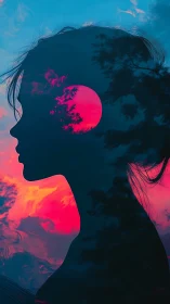 Silhouetted female profile overlays neon sunset and trees