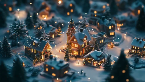 Snowy miniature village glows with warm festive lights.