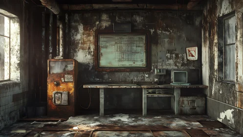 Decayed industrial control room with old computer equipment.