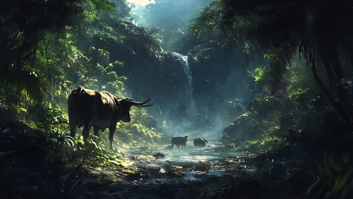 Wild cattle cross misted rainforest pool below waterfall.