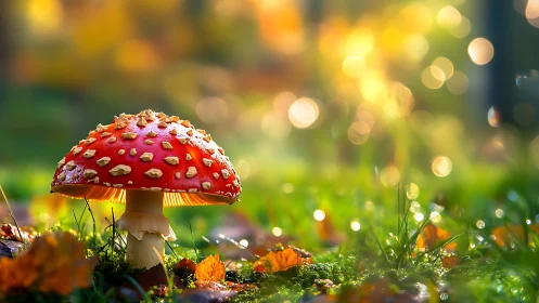 Fly agaric mushroom on forest floor in soft autumn light.