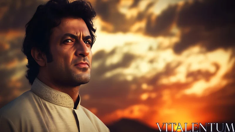 Photorealistic sunset portrait with dramatic side lighting.