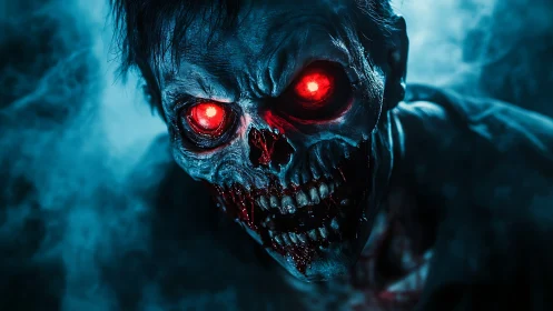 Undead skull creature with luminous red eyes in volumetric fog