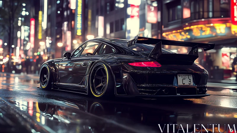 Midnight widebody sports car in neon-lit urban rainscape.