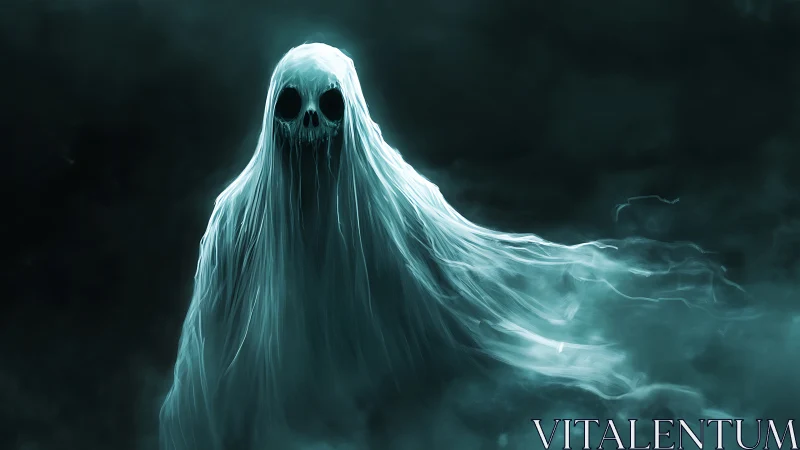 Ghostly wraith drifts through misty darkness, glowing faintly.
