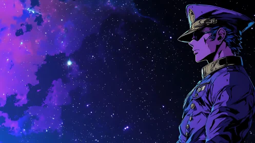 Cel-shaded space officer profile against violet nebula sky
