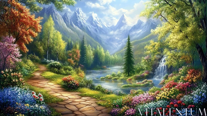 Sunlit mountain garden path beside a peaceful waterfall.