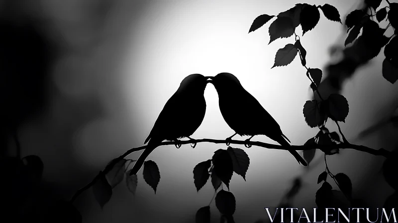 Two birds perched on branch with leaves against diffused light.