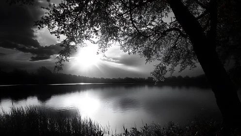 Serene lakeside sunset in dramatic black and white style.